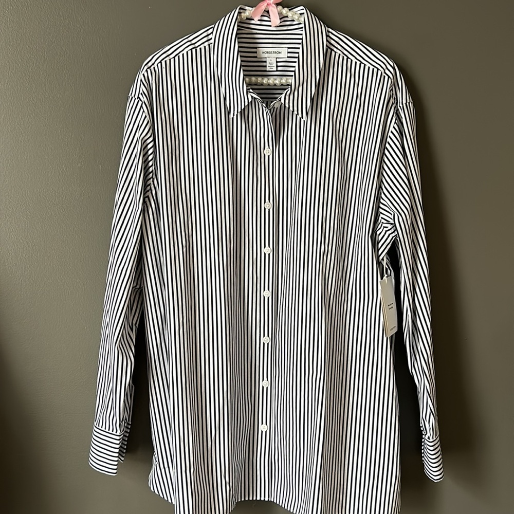 Nordstrom White Navy Night Samba Striped Cotton Shirt Button Down size L NWT